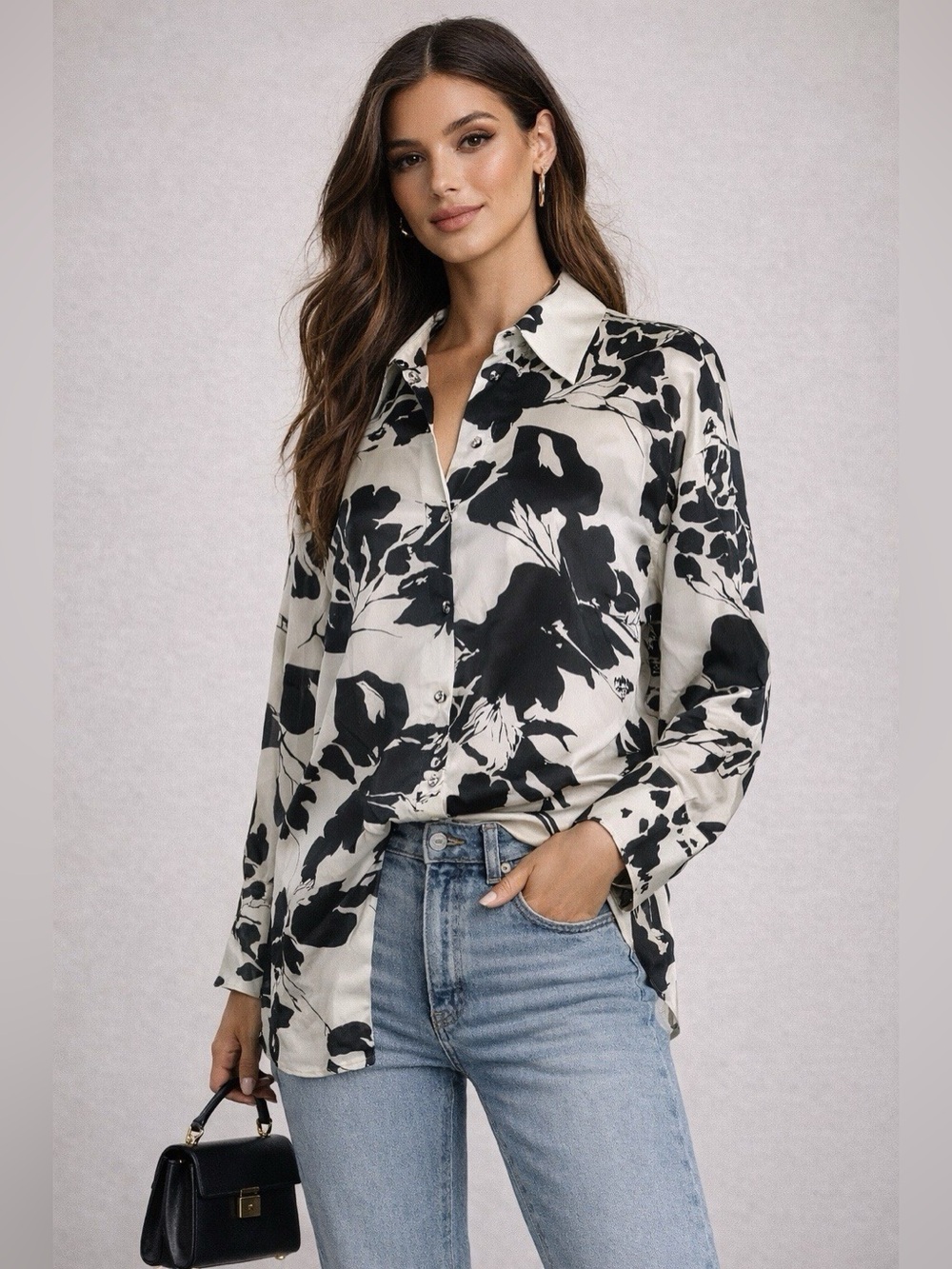 Zara Black and White Floral Print Satin Blouse